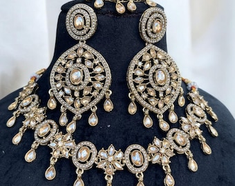 Collier Kundan ancien en or, boucles d'oreilles, parure Maang Tikka, bijoux Shaadi Dulhan, parure de mariage indienne pakistanaise