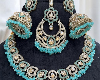 Ensemble de bijoux Aqua Kundan Polki : collier de mariage indien pakistanais