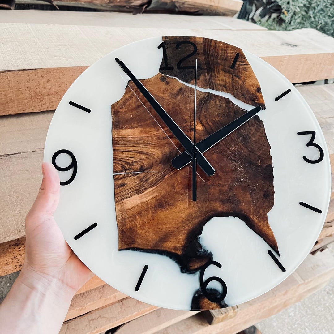 White Epoxy Resin Wall Clock: Natural Walnut Wood, Modern Art Decor - Etsy