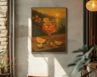 Aperol Spritz-muurkunst – Italiaanse cocktailillustratie voor keuken, barwagen en mediterraan interieur