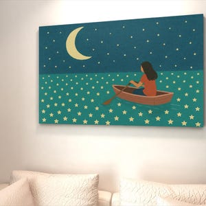 Mondlicht Ruderboot Mädchen Wandbild – Verträumter Nachthimmel – Wunderliche Boot unter Sternen Illustration