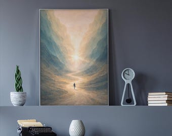 Into the Light – abstracte reis landschapsmuurkunst, minimalistische pad- en horizonprint (digitale download)