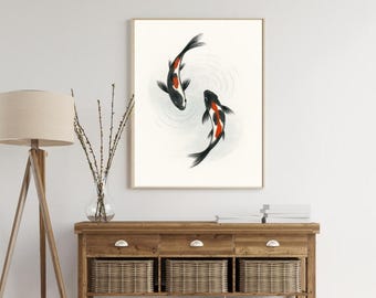 Japanische Koi Fisch Wand Kunst – Zen Tusche Malerei Druck | Minimalistisches asiatisches Dekor für Zuhause