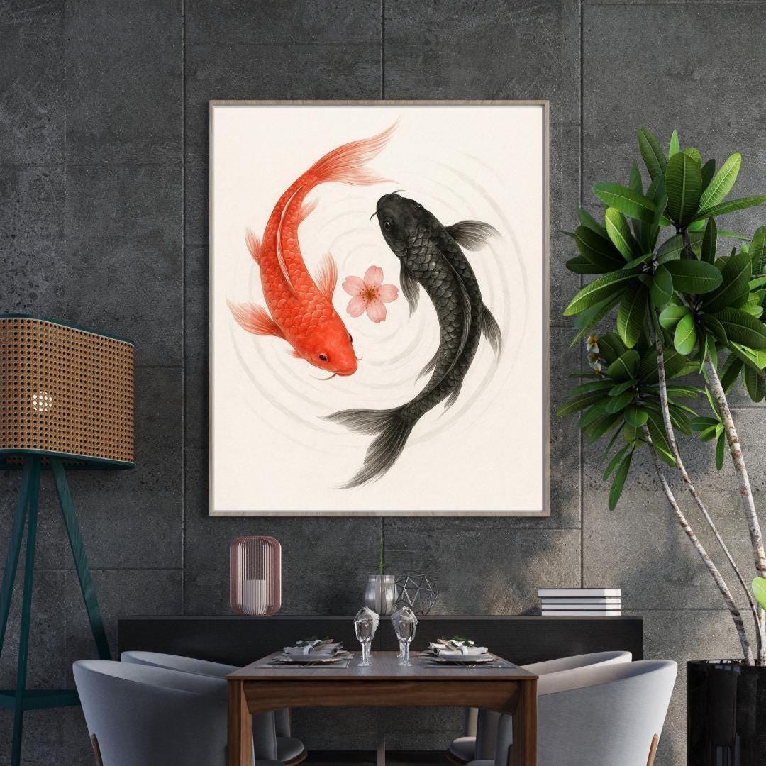 Koi Fish Yin Yang Wall Art – Japanese Zen Watercolor Illustration