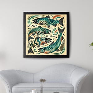 Vintage muurkunst zalm – Scandinavische visillustratie voor vissershut, Lake House en rustieke lodge
