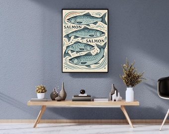 Vintage Salmon Fishing Print – Nautical Fish Diagram Art for Coastal Cabin, Lake House
