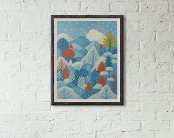 Nordic Winter Landscape Art – Scandinavian Folk Nature Print, Textured Snowy Hills Wall Decor
