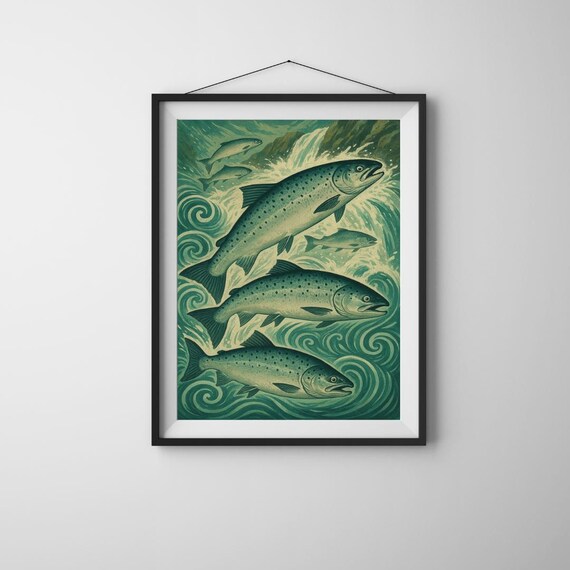Vintage Salmon River Wall Art – Retro Fish Illustration Print