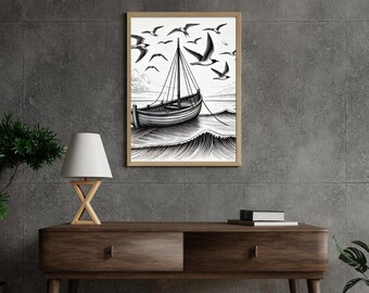 Vintage Sailboat Wall Art – Nautical Ocean Line Drawing | Minimalist Coastal Print (Digital Download)