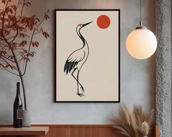 Arte mural de grulla japonesa: Impresión minimalista de pájaro zen con sol rojo para decoración japonesa y escandinava (descarga digital)