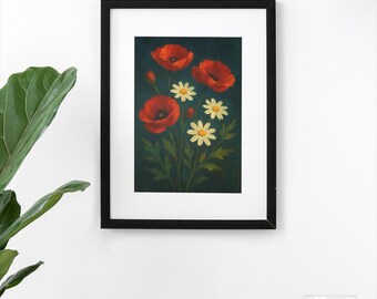 Arte mural de amapolas y margaritas – Impresión vintage de flores botánicas – Póster nórdico floral oscuro – Descarga digital