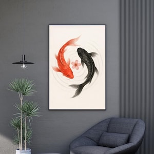 Yin Yang Koi Fish Wall Art Print – Japanese Zen Poster – Asian Inspired Minimalist Artwork – Digital Download for Meditation Room Decor