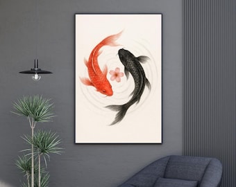 Koi Fish Yin Yang Wall Art – Japanese Zen Watercolor Illustration for Meditation, Feng Shui