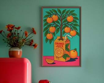 Retro Orange Juice Wall Art – Mid-Century Modern Citrus Poster for Vintage Kitchen & Bar Decor