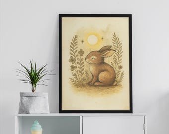 Woodland Bunny Wall Art – Vintage Rabbit Illustration for Nursery, Cottagecore & Storybook Decor