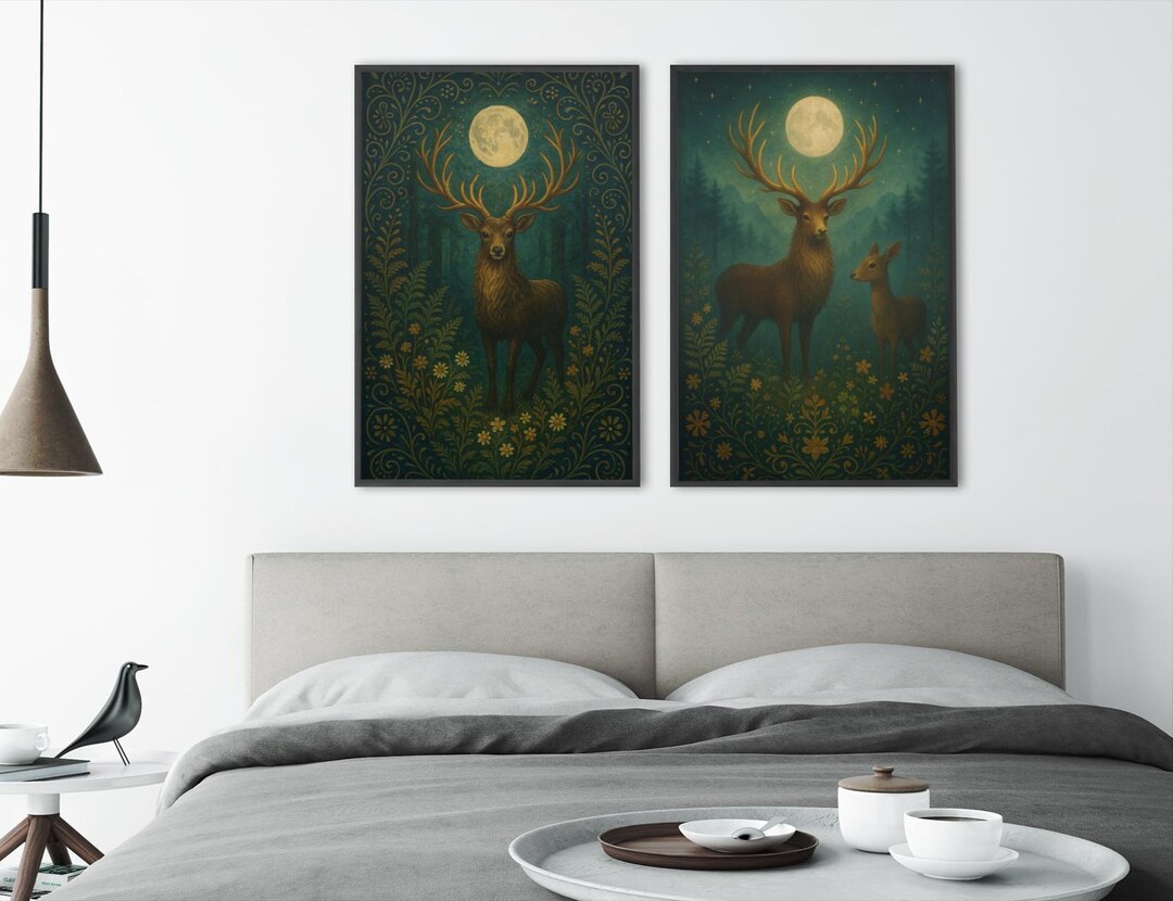 Moonlit Deer Wall Art Set – Nordic Stag & Doe Woodland Print Duo ...