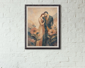 Romantic Couple Wall Art – Abstract Love Painting with Flowers | Modern Figurative Print