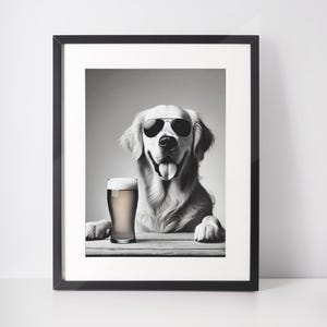 Chill Beer Dog Art Print – Golden Retriever met bier – Funny Bar Wall Decor - Cool Dog digitale downloadposter
