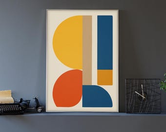 Geometrische muurkunst uit het midden van de eeuw – moderne abstracte kleurenblokprint voor retro woonkamer