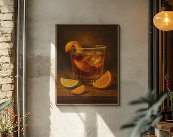 Könnte beinhalten: Gerahmter Kunstdruck eines Cocktails mit Eis, einer Orangenscheibe und einer Kirschgarnitur. Das Glas hat einen Zuckerrand. Orangen- und Limettenscheiben liegen vor dem Glas auf einer Holzoberfläche. Der Hintergrund ist dunkelbraun.