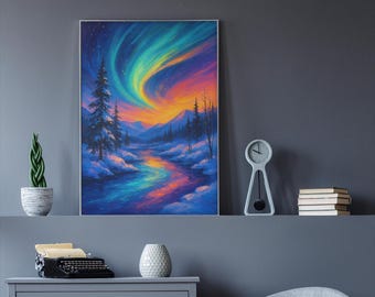 Aurora Borealis – Nordische Landschaftsmalerei | Nordlichter Berge Print
