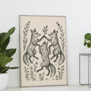 Dancing Foxes Wall Art – Woodland Animal Print for Nursery or Cabin – Black & White Folk Art Fox Illustration – Digital Nature Decor