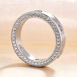 Flush Set Wide Band 14K White Gold Two Sided Pave Moissanite Band Full Eternity Wedding Band Unique Women's Anniversary Ring Wedding Band