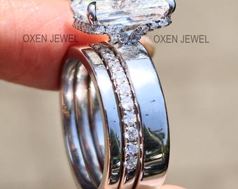 Radiant Cut Engagement Ring Plain Gold Band Pave Set Half Eternity Band 3 Ring Set Wedding Ring Bridal Set Ring Matching Band For Her