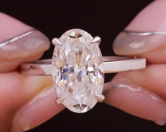 Pierścionek zaręczynowy z owalnym soliterem o masie 3,75 ct, 14-karatowe białe złoto, ukryte oprawienie halo, wydłużony owalny pierścionek z diamentem Hybird Moissanite, obietnica, prezent