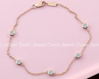 Round Diamond Bracelet Five Round Diamon Station Bracelet 14k Gold Diamond Bezel Bracelet Bezel set Diamond Bracelets Chain Bracelet For Her