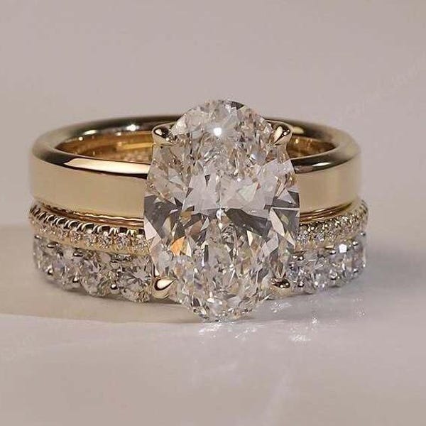 Oval Moissanite Bridal Set Three Ring Wedding Set Solid Gold Wide Cigar Band Lotus Prong Setting 4ct Oval Cut Engagement Ring Set Gifts Ring