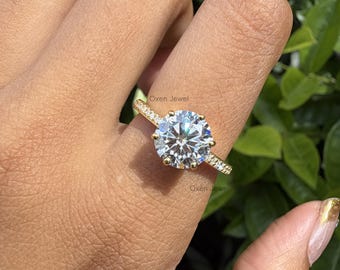2CT rond geslepen Moissaniet ring accent effenen diamanten band solitaire ring 14k geelgouden verlovingsring 6 rieken bruids belofte ring voor haar