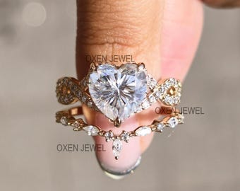 Heart Cut Moissanite Engagement Ring Set 14k Solid Gold Twisted Band With Matching Band Marquise Accents Unique Bridal Set Engagement Ring
