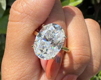 Anillo de diamantes con moissanita ovalada de 5 quilates en oro amarillo de 14k. Anillo delicado de compromiso, anillo de promesa, anillo alternativo al diamante, regalo de aniversario.