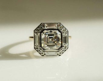2.01CT Asscher Cut Moissanite Bezel Setting Ring White & Yellow Two Tone Engagement Ring Classic Halo Ring Art Deco Ring Unique Design Ring