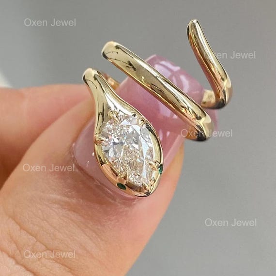 Gold Serpent Ring Spiral Snake Ring Wrap Around Ring Pear Moissanite 14k Solid Gold Serpent Viper Open Ring Animal Wrap Ring Gothic Jewelry