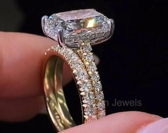 14K Solid Gold 4,50 CT Radiant Cut Moissanite Hochzeit Braut Set Runde Eternity Band Verlobungsring Set Versprechen Ring Einzigartige strahlende Ringset
