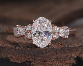 Ovaler Verlobungsring Rosegold Cluster Jahrestag Ring für Sie Seite Birne und runden Akzent Ring 8 Steinring Jahrestag Geschenk Ring für Frau
