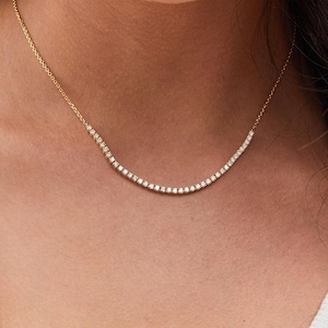 Collar de tenis de diamantes y moissanita semicircular con cadena ajustable y pavé redondo. Collar ajustable. Collar de boda de oro macizo de 18 quilates.
