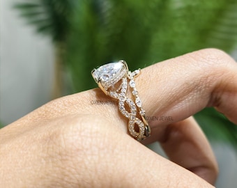 Heart Cut Moissanite Engagement Ring Set 14k Solid Gold Twisted Band With Matching Band Marquise Accents Unique Bridal Set Engagement Ring