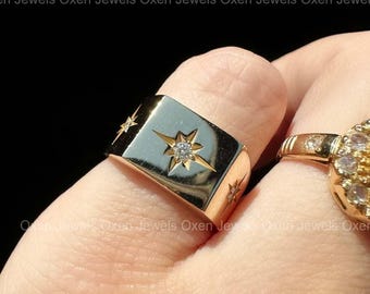 14k Gold Chunky Signet Pinky Ring Star Set Round Moissanite Diamonds Pinky Ring for Men-Women Solid Gold Ring Signet Ring Star Burst Ring