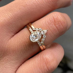 Wedding Ring Set Oval Bezel set Oval Cut Moissanite Engagement Ring With Matching Wedding Band Perfect Bridal  Set Solid Yellow Gold Ring