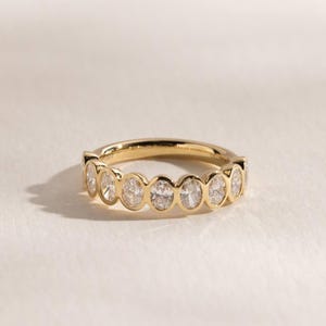 Oval Diamond Bezel Setting Half Eternity Band 14kt Yellow Gold Band Wedding Band Anniversary Gifts for Women Nine Diamond Band For Ring
