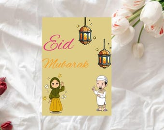 Peut inclure: Une carte de vœux avec le texte "Eid Mubarak" en lettres roses et orange. La carte présente une illustration de dessin animé d'une fille et d'un garçon en vêtements traditionnels, ainsi que deux lanternes.