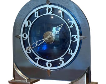 English Modernist Art Deco Cobalt Blue Glass and Steel Clock Circa 1930&#39;s