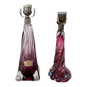 Set of 2 Pink Crystal Table Lamps by Val Saint Lambert, Made in Belgium, 1950s