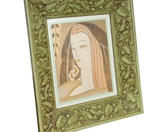 Arte original Art Déco enmarcado, retrato de una mujer, alrededor de la década de 1930. Plb firmado y fechado en 1935.