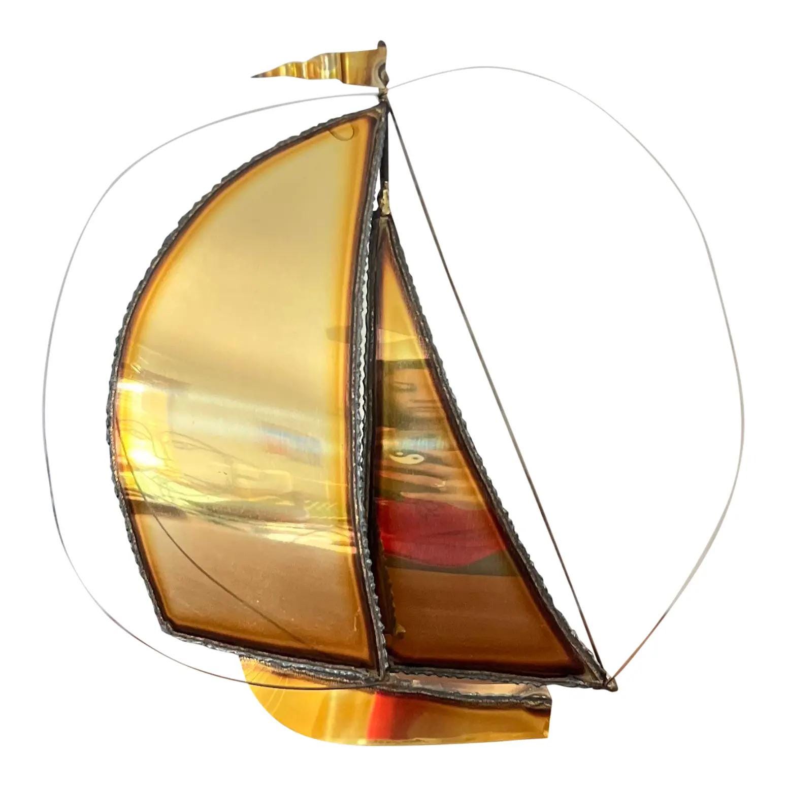 Vintage Mid-Century Modern Onyx and Brass Sailboat, Signed by Artist