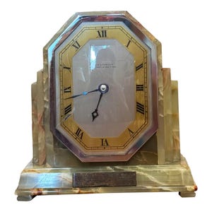 Art Deco Antique Marble Onyx Mantle Clock by Reid & Sons, Circa 1930s