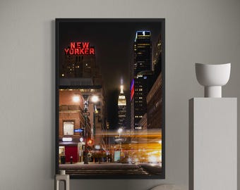 Fine Art Museum Grade print of New York's Empire State Building with light trails of a yellow taxi on Fuji gloss professional archival paper